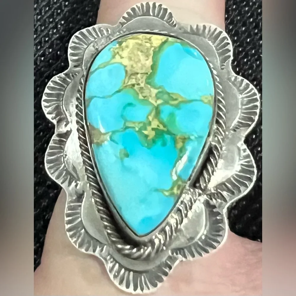 Tribal Navajo Made Sterling Silver Sonoran Gold Turquoise Ring - Picture 3 of 3